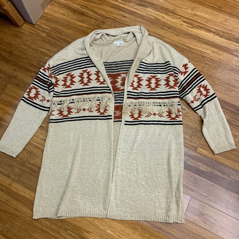 Maurices Women's 1X Beige Geometric Fringe Longline Open Front Cardigan Sweater